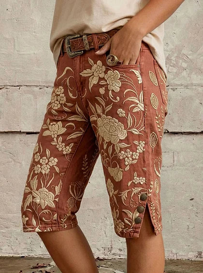 Vintage Floral Print Casual Denim Shorts